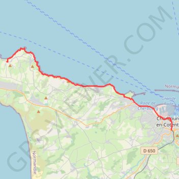 Itinéraire Cherbourg - Carteret jour 1, distance, dénivelé, altitude, carte, profil, trace GPS