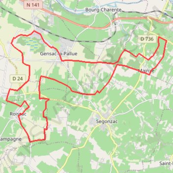 Itinéraire Gensac 35 kms, distance, dénivelé, altitude, carte, profil, trace GPS