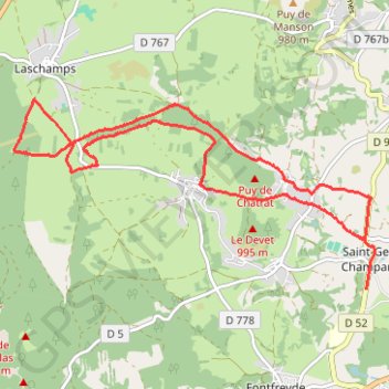 Itinéraire Saint Genes Champanelle, distance, dénivelé, altitude, carte, profil, trace GPS