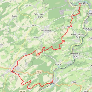 Itinéraire Poulseur - Ouffet - Hamoir, distance, dénivelé, altitude, carte, profil, trace GPS