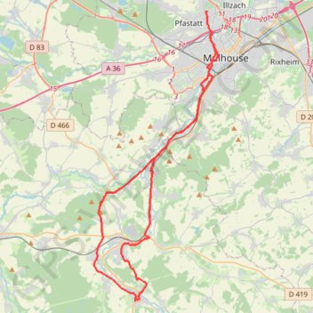 Itinéraire Mulhouse - Illfurth - Carspach - Hirsingue - Altkirch - Mulhouse, distance, dénivelé, altitude, carte, profil, trace GPS
