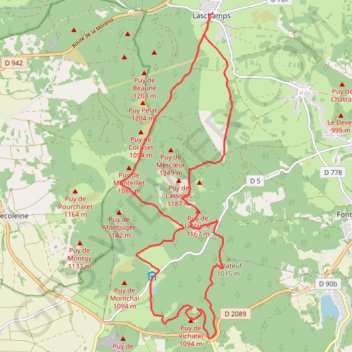 Itinéraire Puy d'Auvergne - Laschamps, distance, dénivelé, altitude, carte, profil, trace GPS