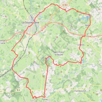 Itinéraire Balade cyclo autour de la Souterraine, distance, dénivelé, altitude, carte, profil, trace GPS