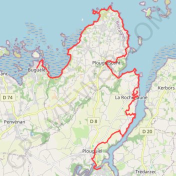 Itinéraire GR34 de Tréguier à Buguélès, distance, dénivelé, altitude, carte, profil, trace GPS
