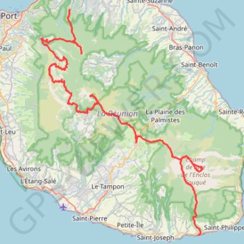 Itinéraire Traversée de l'Île de la Réunion, distance, dénivelé, altitude, carte, profil, trace GPS