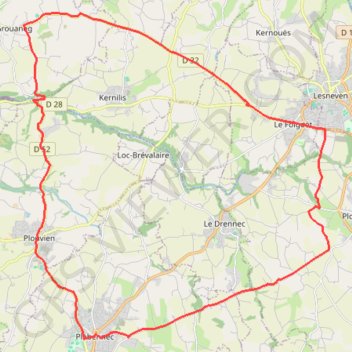 Itinéraire Ploudaniel Le Folgoet Guisseny Plouvien Route, distance, dénivelé, altitude, carte, profil, trace GPS