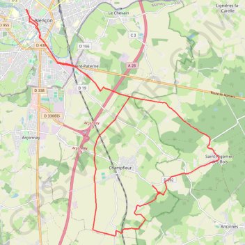 Itinéraire Alençon, Saint-Rigomer-des-Bois, Groutel, Champfleur, distance, dénivelé, altitude, carte, profil, trace GPS