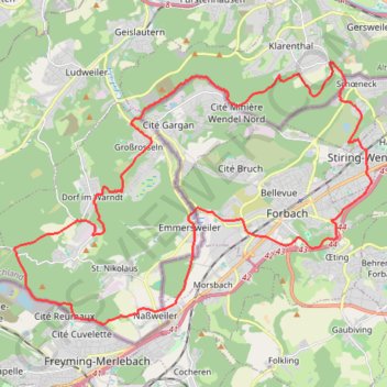 Itinéraire Merlebach petite rosselle schoeneck, distance, dénivelé, altitude, carte, profil, trace GPS
