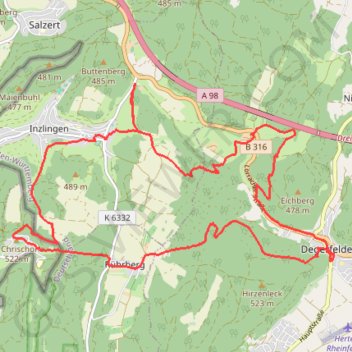 Itinéraire Le massif du dinkelberg, distance, dénivelé, altitude, carte, profil, trace GPS