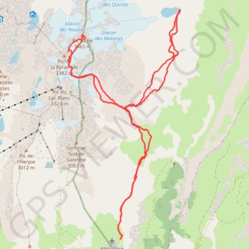 Itinéraire Pic Bayle par le Glacier du Grand Sablat + Lac des Quirlies, distance, dénivelé, altitude, carte, profil, trace GPS