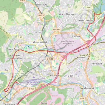 Itinéraire Courcelles-Brognard via les pistes cyclable, distance, dénivelé, altitude, carte, profil, trace GPS