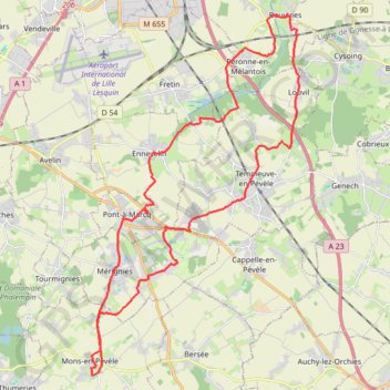 Itinéraire Bouvines - Mons-en-Pévèle, distance, dénivelé, altitude, carte, profil, trace GPS