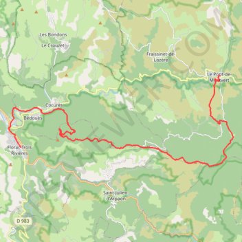 Itinéraire Chemin de Stevenson - Le Pont-de-Montvert vers Florac, distance, dénivelé, altitude, carte, profil, trace GPS