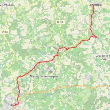Itinéraire Compostelle étape ontéal-Eauze, distance, dénivelé, altitude, carte, profil, trace GPS