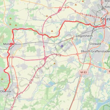 Itinéraire 1.Strasbourg-Obernai, distance, dénivelé, altitude, carte, profil, trace GPS