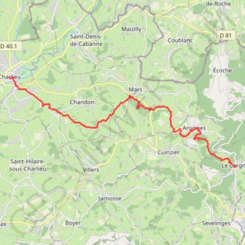 Itinéraire 5 - Le Cergne - Charlieu, distance, dénivelé, altitude, carte, profil, trace GPS
