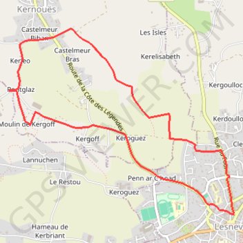 Itinéraire Lesneven, distance, dénivelé, altitude, carte, profil, trace GPS