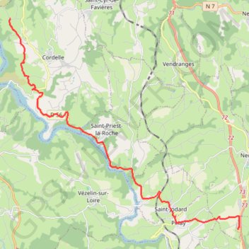 Itinéraire Itinéraire de 1447 Rte de Roanne, 42122 Saint-Marcel-de-Félines, France à 1 Chevenet croix, 42123 Cordelle, France, distance, dénivelé, altitude, carte, profil, trace GPS