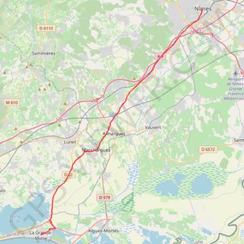 Itinéraire Nimes - la grande Motte, distance, dénivelé, altitude, carte, profil, trace GPS