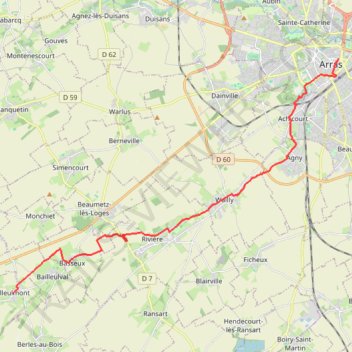 Itinéraire Arras (grand place) -> Bailleulmont, distance, dénivelé, altitude, carte, profil, trace GPS