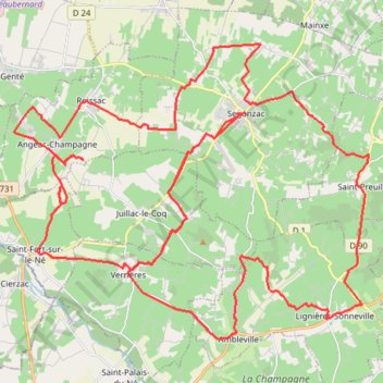Itinéraire Segonzac circuits B et C 67 kms, distance, dénivelé, altitude, carte, profil, trace GPS