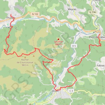 Itinéraire Labaume-Thueyts, distance, dénivelé, altitude, carte, profil, trace GPS