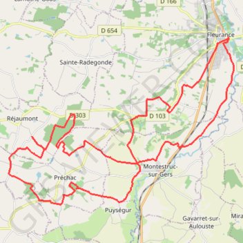 Itinéraire Circuit sud-ouest de Fleurance, distance, dénivelé, altitude, carte, profil, trace GPS