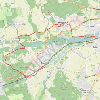 Itinéraire Bruyéres-le-Châtel, distance, dénivelé, altitude, carte, profil, trace GPS