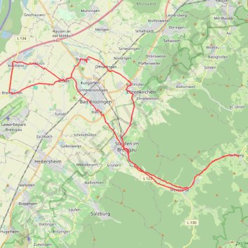 Itinéraire Bremgarten - Staufen - Munstertal - Spielweg - Staufen - Bliengen - Hartheim - Bremgarten, distance, dénivelé, altitude, carte, profil, trace GPS