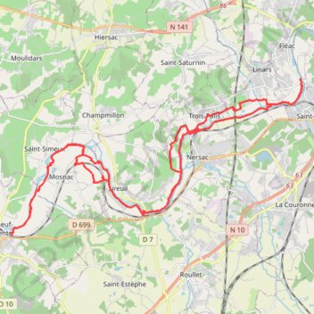Itinéraire Chateauneuf /Charente vers St Michel 44.kms, distance, dénivelé, altitude, carte, profil, trace GPS