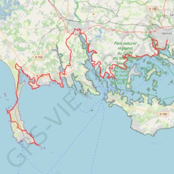 Itinéraire Randonnée entre Quiberon et Vannes à pied ou à VTT, distance, dénivelé, altitude, carte, profil, trace GPS