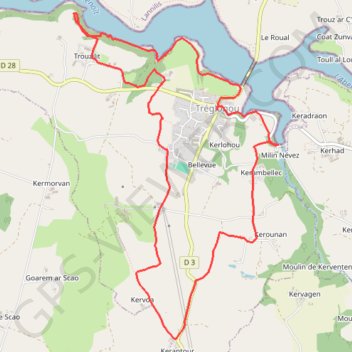 Itinéraire Autour de Treglonou vers les rives de l'Aber Benoît, distance, dénivelé, altitude, carte, profil, trace GPS