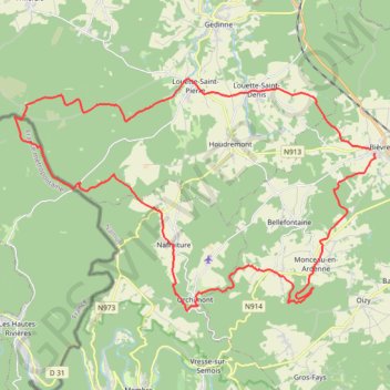 Itinéraire Boucle VTT Bièvre, Louette-Saint-Denis, Louette-Saint-Pierre, Croix Scaille, Nafraiture, Orchimont, Petit-Fays et Monceau-en-Ardenne, distance, dénivelé, altitude, carte, profil, trace GPS