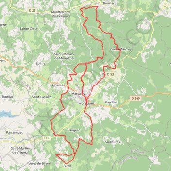 Itinéraire Astor Monpazier Biron 54km, distance, dénivelé, altitude, carte, profil, trace GPS