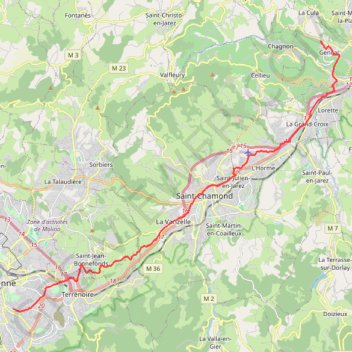 Itinéraire 16 Rue du Rozier (Saint-Étienne) - 477 Rue de Lachal (Genilac), distance, dénivelé, altitude, carte, profil, trace GPS