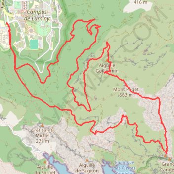 Itinéraire Luminy-Guillemin-Candelle, distance, dénivelé, altitude, carte, profil, trace GPS