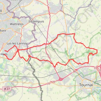 Itinéraire Lille Mont Saint-Aubert, distance, dénivelé, altitude, carte, profil, trace GPS