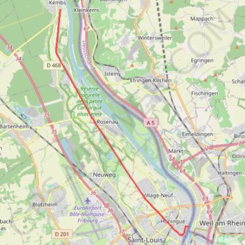 Itinéraire Bâle / Huninge / Kembs, distance, dénivelé, altitude, carte, profil, trace GPS