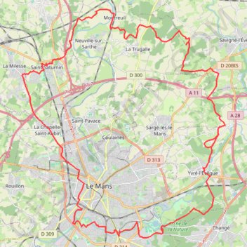 Itinéraire Au nord du Mans puis en ville, distance, dénivelé, altitude, carte, profil, trace GPS