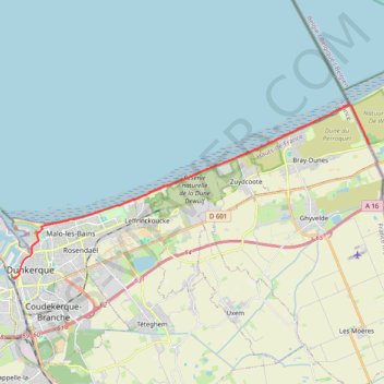 Itinéraire De la frontière franco-belge à Dunkerque, distance, dénivelé, altitude, carte, profil, trace GPS