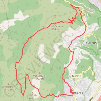 Itinéraire Gattiéres - Mont Péloua, distance, dénivelé, altitude, carte, profil, trace GPS