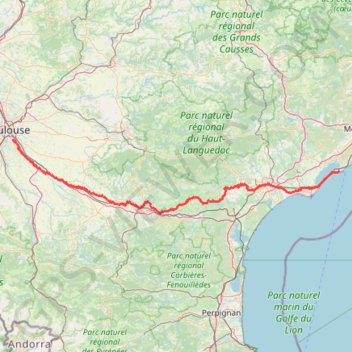 Itinéraire 0_Touluse-Sète, distance, dénivelé, altitude, carte, profil, trace GPS