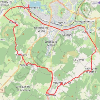 Itinéraire Vaivre-et-Montoille - Vellefaux, distance, dénivelé, altitude, carte, profil, trace GPS