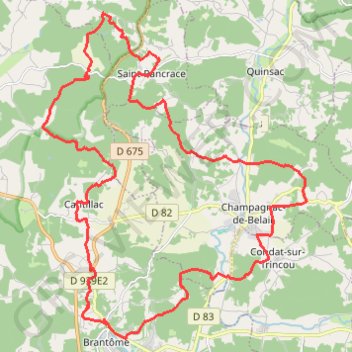Itinéraire Brantome 35 kms, distance, dénivelé, altitude, carte, profil, trace GPS
