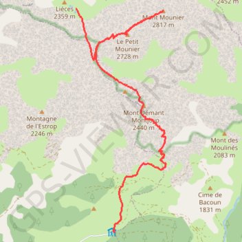 Itinéraire Col de l'Espaul - Mont Démant - Mont Mounier - Combe de Crousette, distance, dénivelé, altitude, carte, profil, trace GPS