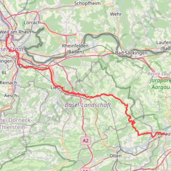 Itinéraire 1: Ville de Bâle – Aarau (DEVELOPED_WITH_SIGNS), distance, dénivelé, altitude, carte, profil, trace GPS