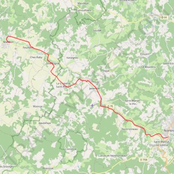 Itinéraire Marthon vers Nontron 25 kms Flow vélo, distance, dénivelé, altitude, carte, profil, trace GPS