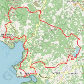 Itinéraire Boucle rouge Mtsangamouji-15928834, distance, dénivelé, altitude, carte, profil, trace GPS