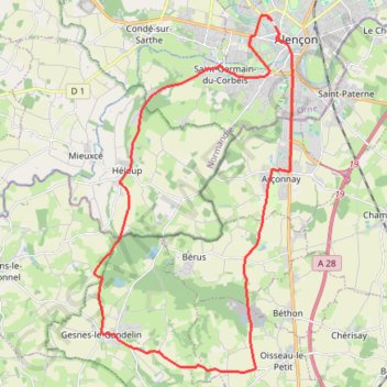 Itinéraire Alençon, Héloup, Gesnes le Gandelin, Arçonnay, Alençon, distance, dénivelé, altitude, carte, profil, trace GPS