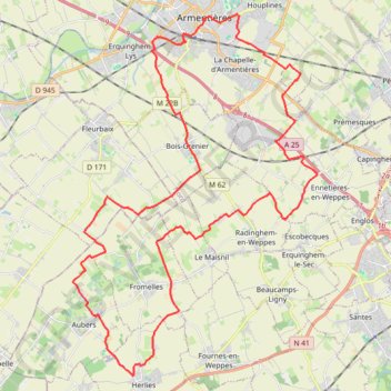 Itinéraire Circuit de l'Armentiérois aux Weppes - Armentières, distance, dénivelé, altitude, carte, profil, trace GPS